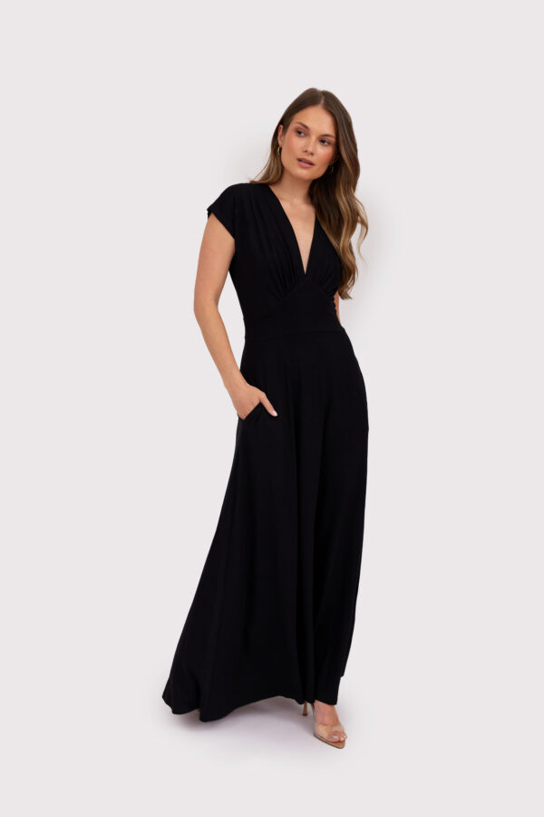 Noir- czarna sukienka maxi z dzianiny z głębokim dekoltem | Klasyczna Elegancja - obrazek 3