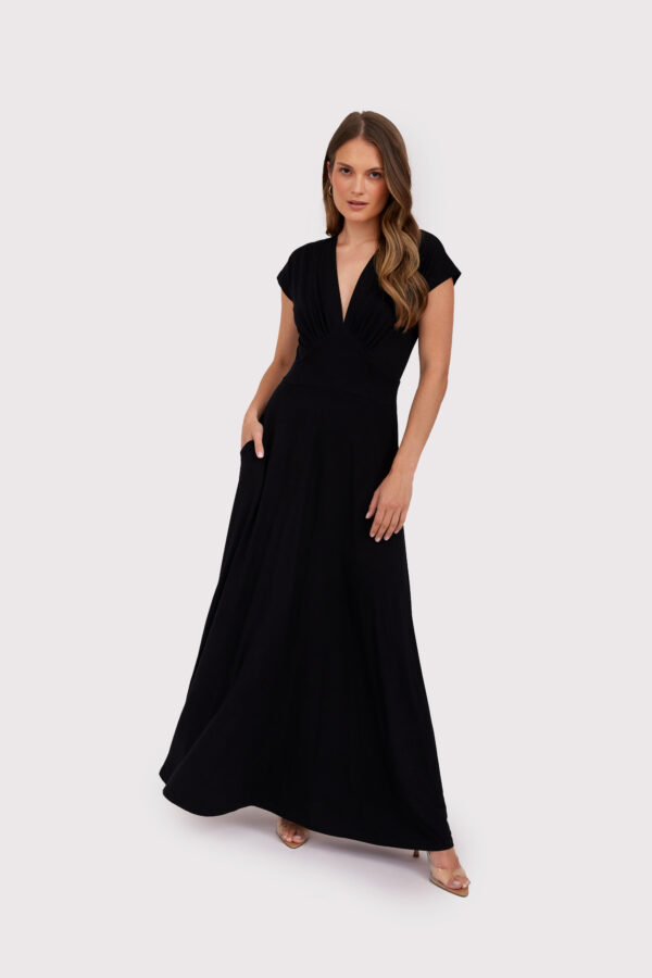 Noir- czarna sukienka maxi z dzianiny z głębokim dekoltem | Klasyczna Elegancja - obrazek 4