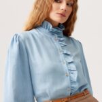 ELEGANCKA KOSZULA Z OZDOBNĄ STOJKĄ- NIEBIESKA